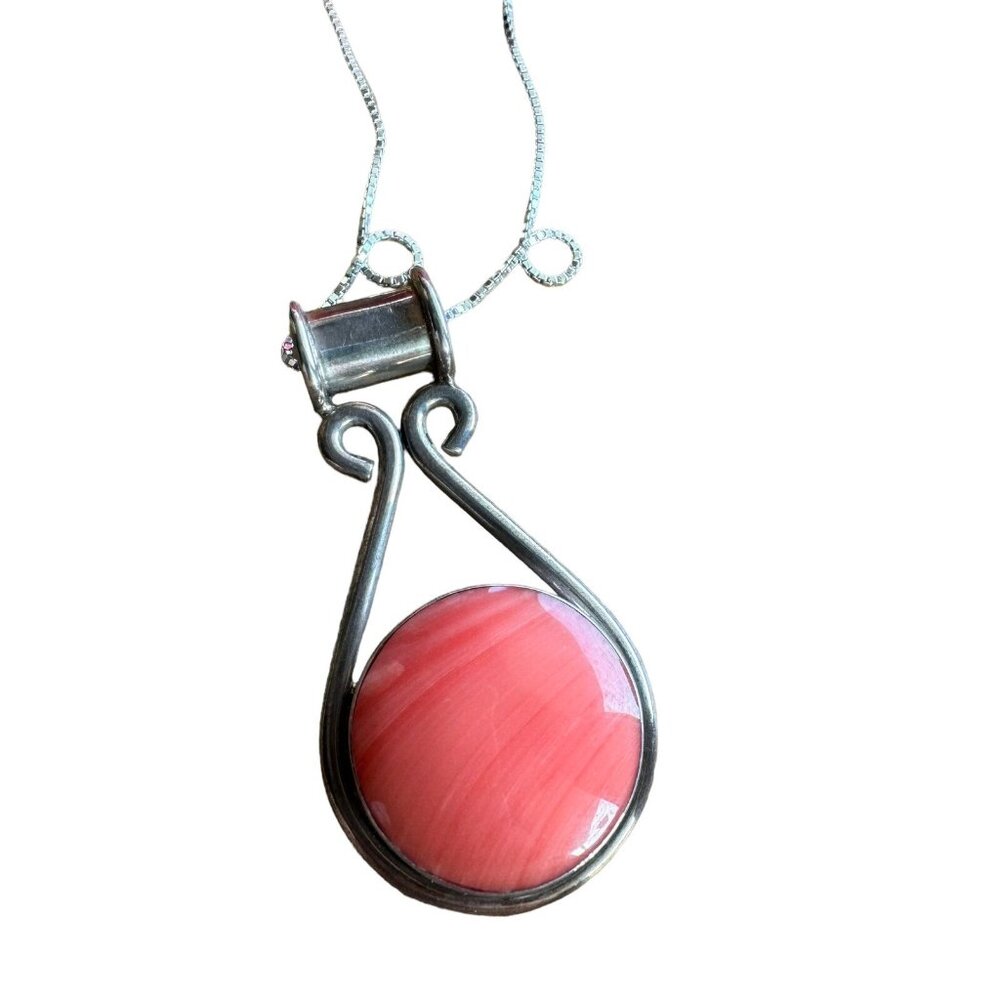 Vintage ATI Mexico Sterling Silver Peach Pink Coral  Pendant Necklace